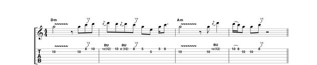 Example 4: As the chords from D minor back to A minor, we're using the second position of the A blues scale, with whole and quarter-tone bends in quick succession in bar two. This must be attacked with confidence or all is lost!